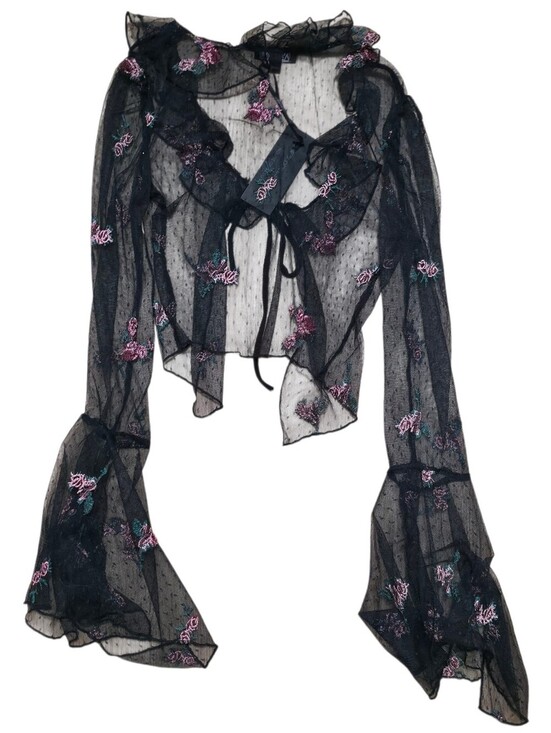 Dolls Kill Tops - Dolls kill widow Black sheer mesh blouse with pink floral embroidery and ruffled
